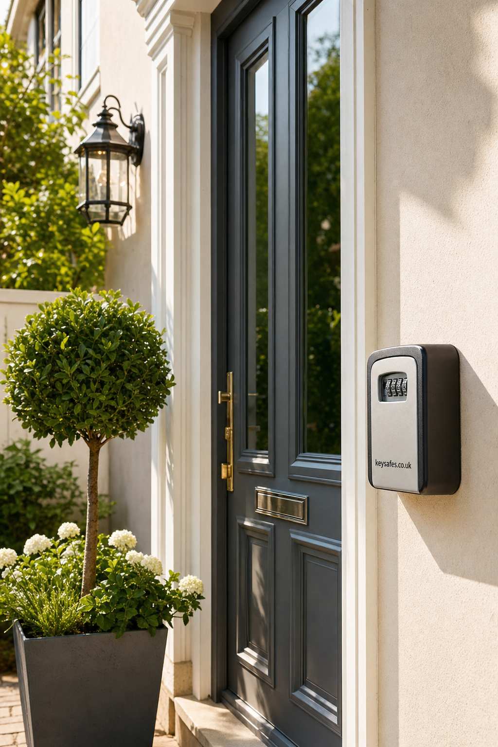 A modern outdoor wall-mounted key safe with a combination lock fixed beside a classic dark blue front door, a large potted green shrub, and a traditional lantern light on the exterior wall of an elegant home.