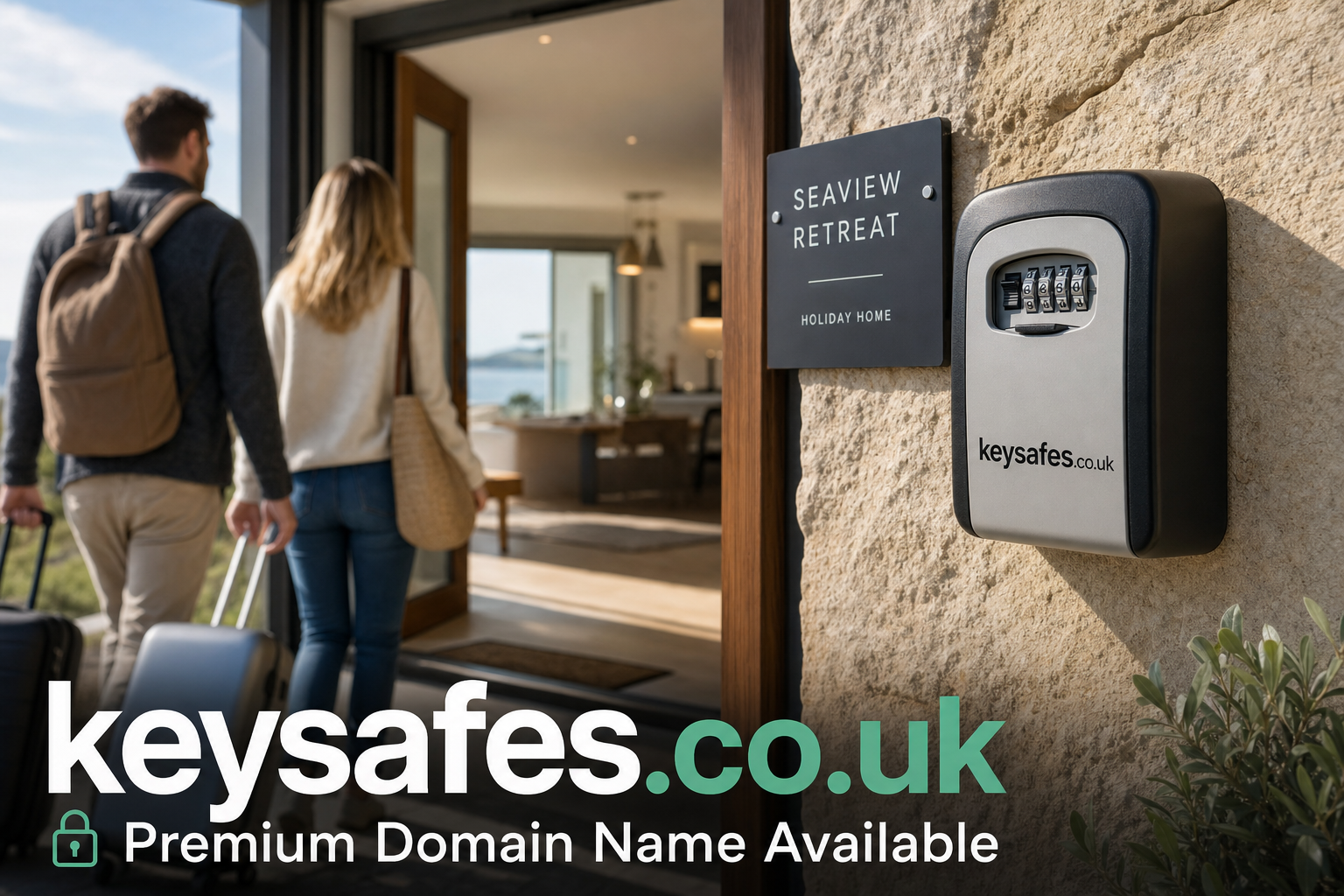 A couple carrying luggage walk towards the entrance of a holiday home named 'Seaview Retreat.' A wall-mounted key safe with a combination lock is attached beside the door on a stone wall.
