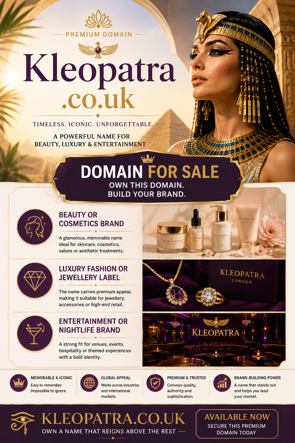 Promotional graphic featuring the domain Kleopatra.co.uk, shown with luxury jewellery and beauty products. Style: glamorous, premium lifestyle branding.