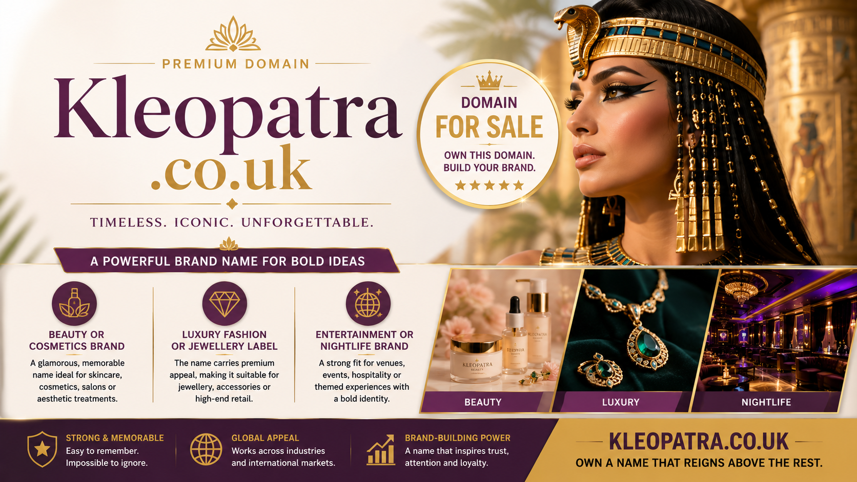 Promotional graphic featuring the domain Kleopatra.co.uk, shown with luxury jewellery and beauty products. Style: glamorous, premium lifestyle branding.