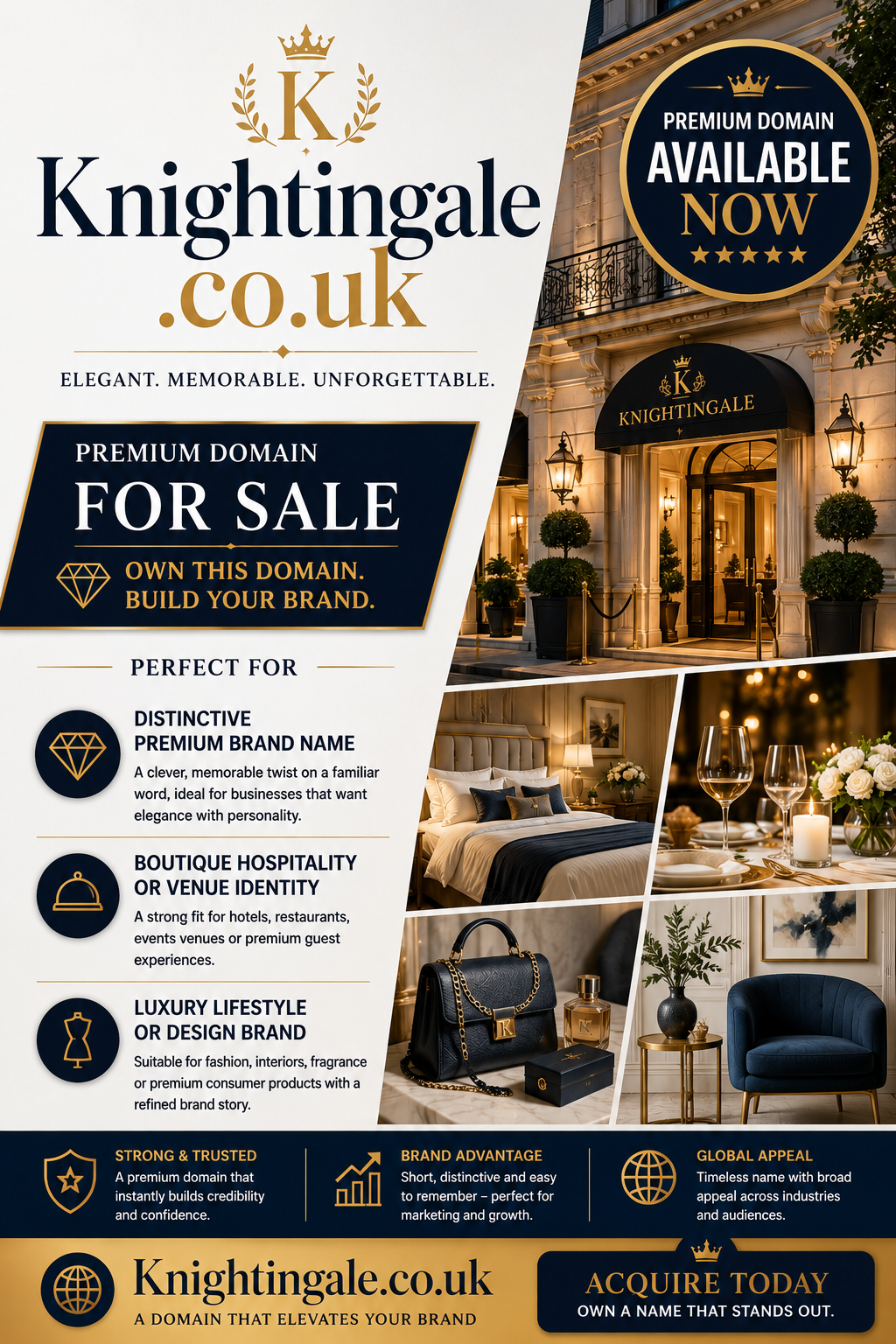 Promotional graphic featuring the domain Knightingale.co.uk, shown with a luxury hotel entrance and premium lifestyle imagery. Style: elegant, upscale brand identity.