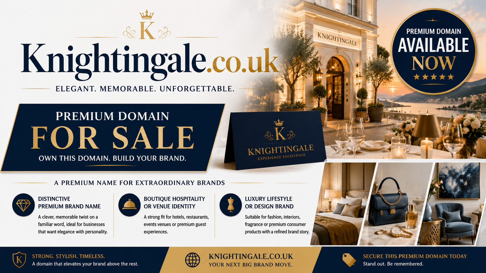 Promotional graphic featuring the domain Knightingale.co.uk, shown with a luxury hotel entrance and premium lifestyle imagery. Style: elegant, upscale brand identity.