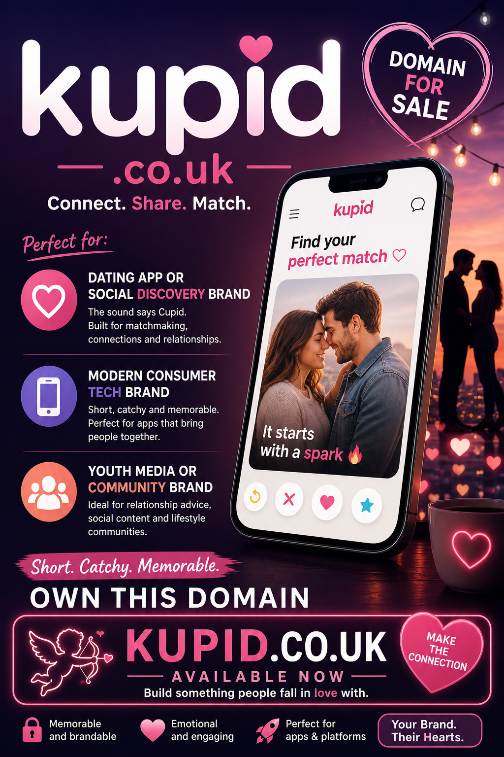 Promotional graphic featuring the domain kupid.co.uk, shown with smartphone and heart icons. Style: vibrant modern romantic.