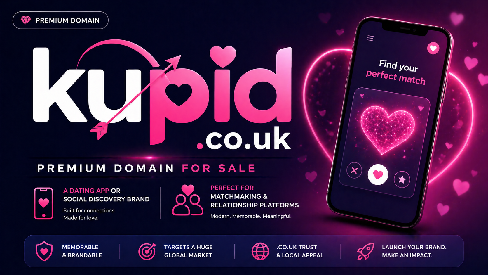 Promo banner featuring the domain kupid.co.uk with bold gradient text, heart icons and phone UI mockup. Style: vibrant, modern, dating-app inspired.