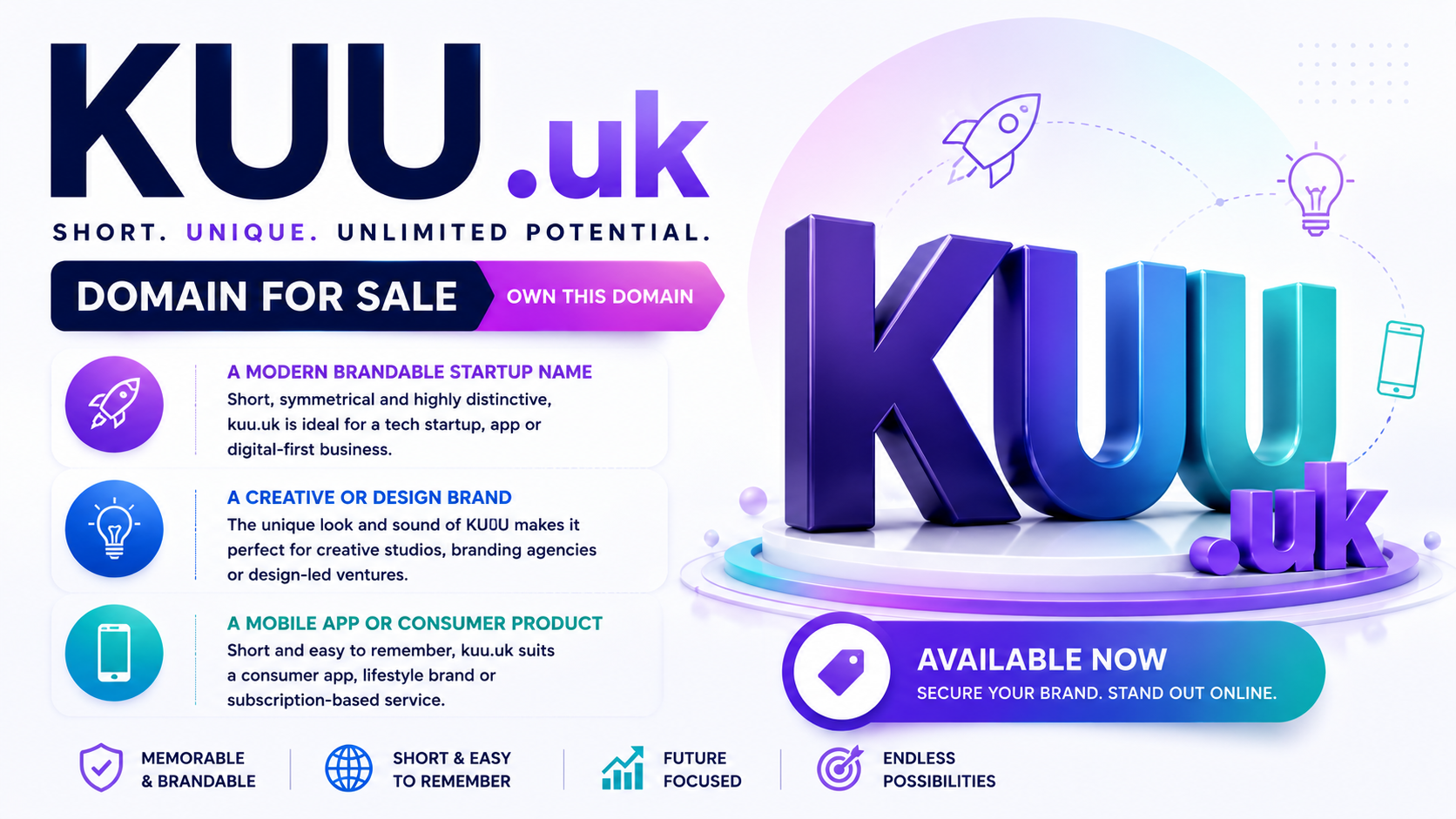 Promotional graphic featuring the domain KUU.uk, shown with startup, creative and mobile app branding elements. Style: bright, modern and innovative.