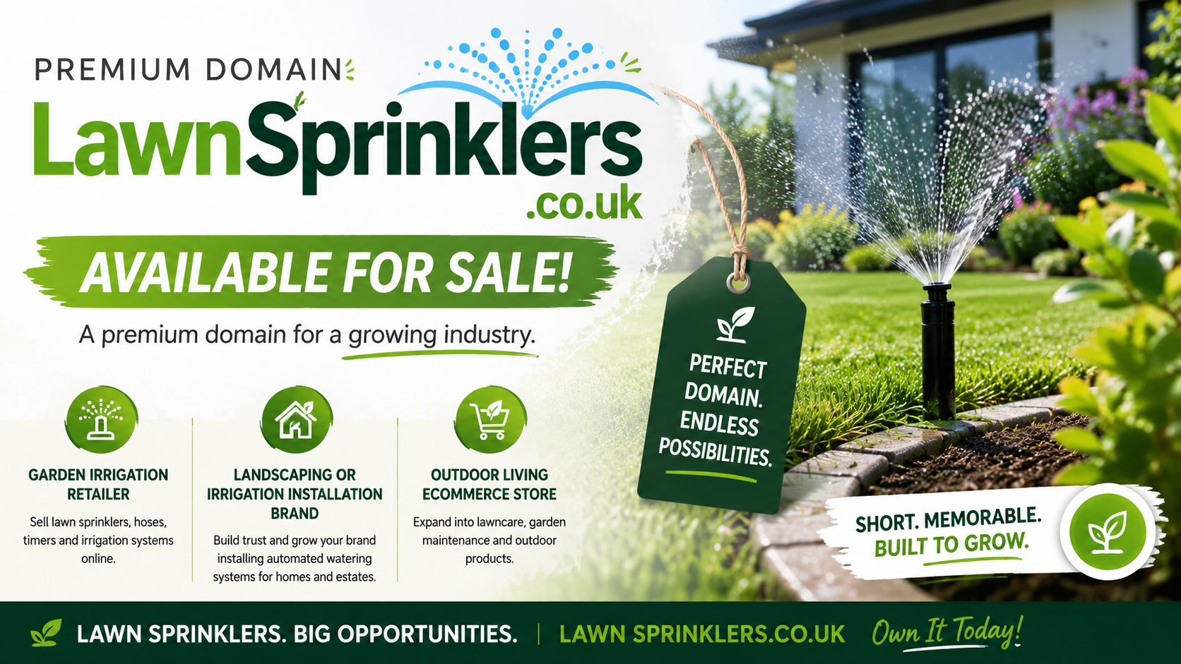 Promotional banner featuring the domain LawnSprinklers.co.uk with a lush garden and sprinkler. Style: bright, modern and premium.