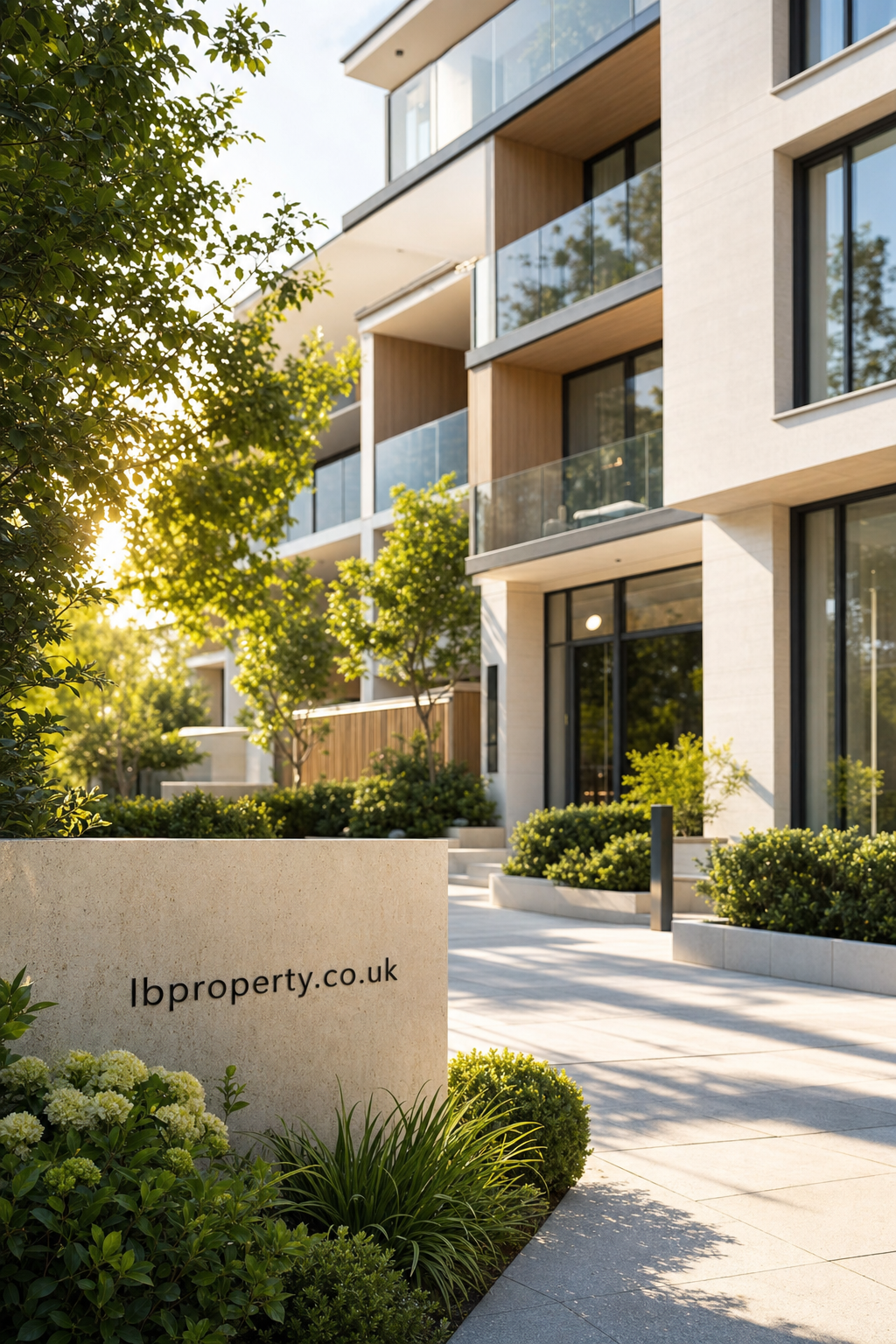 Modern residential building exterior with balconies and landscaped greenery, featuring a stone sign engraved with lbproperty.co.uk domain name in black lettering