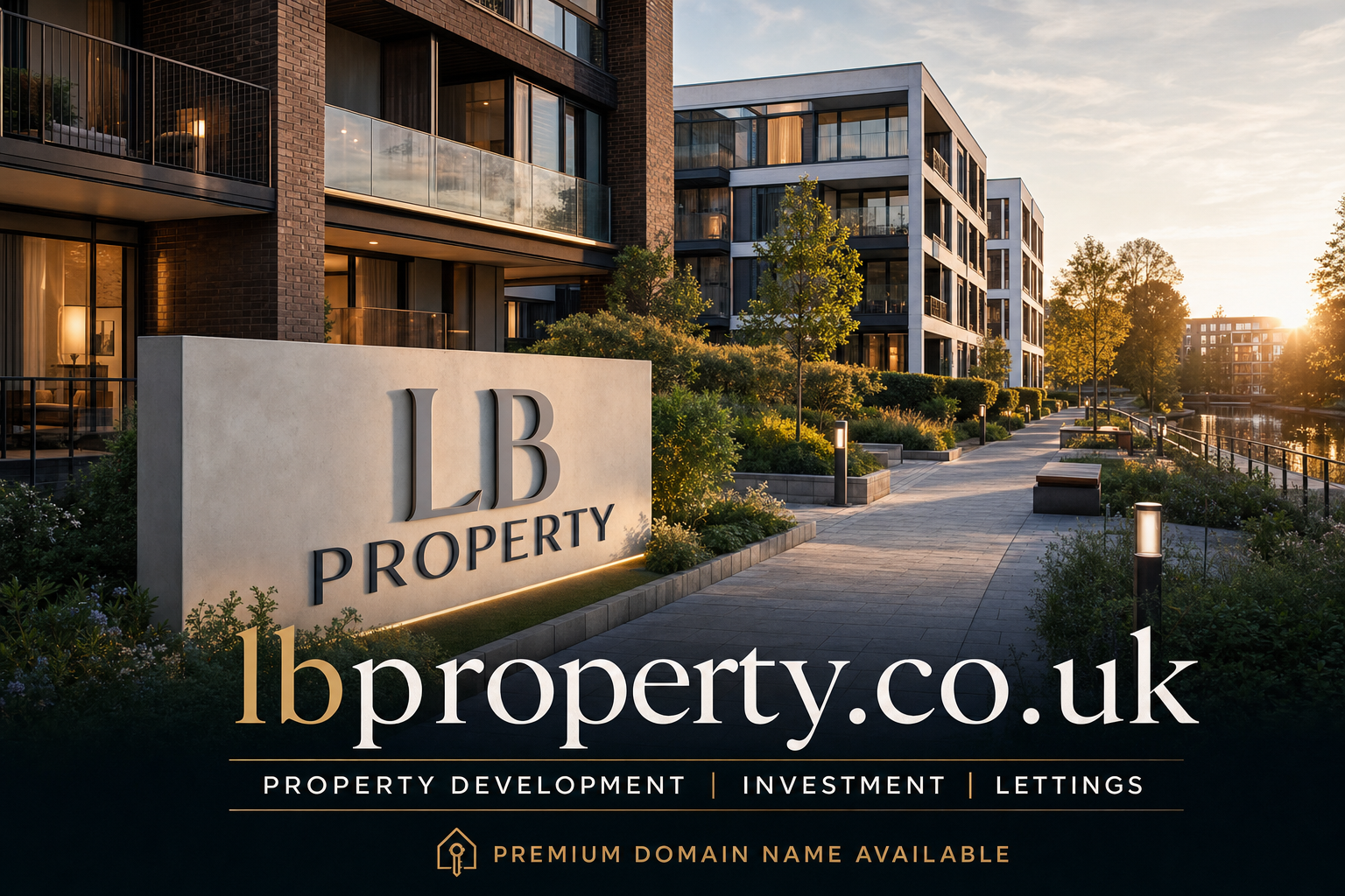 A modern residential complex with large balconies is shown at sunset along a paved walkway beside a river. A prominent stone sign reads "LB PROPERTY." Text at the bottom shows "lbproperty.co.uk" and mentions property development, investment, lettings, and premium domain availability.