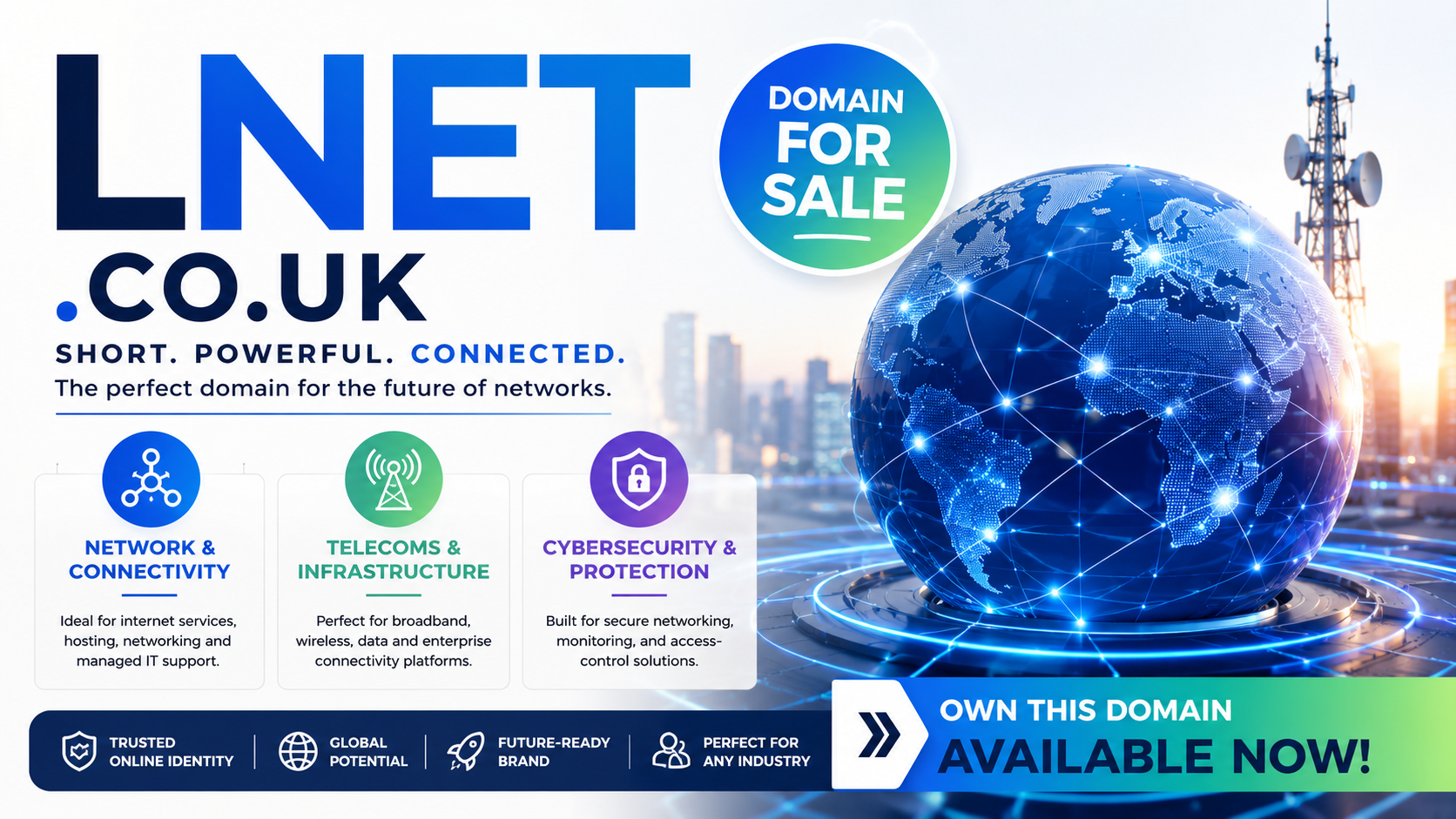 Promotional graphic featuring the domain LNET.co.uk with glowing network nodes and cybersecurity visuals. Style: bright modern tech branding.