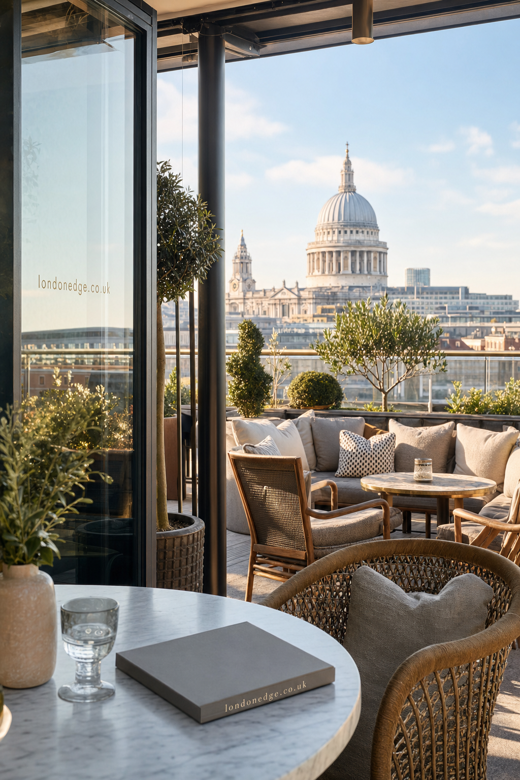 Sunny rooftop terrace with stylish rattan and wooden furniture, plush cushions, potted greenery, overlooking London's iconic St Paul's Cathedral dome under a blue sky.