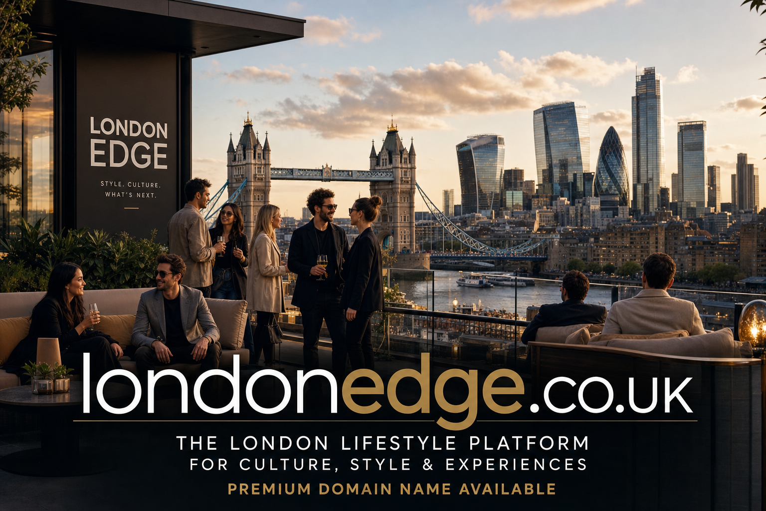 A diverse group of stylish people socialize on a rooftop terrace overlooking London’s Tower Bridge and city skyline at sunset. Text on a wall reads ‘LONDON EDGE STYLE. CULTURE. WHAT’S NEXT.’ with a domain name and promotional copy below.