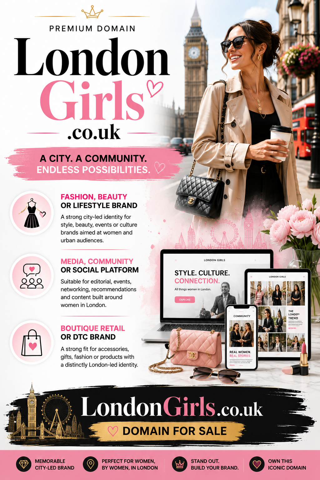 Promotional graphic featuring the domain LondonGirls.co.uk, shown with stylish London city scenes and fashion-focused lifestyle imagery. Style: bright modern lifestyle branding.