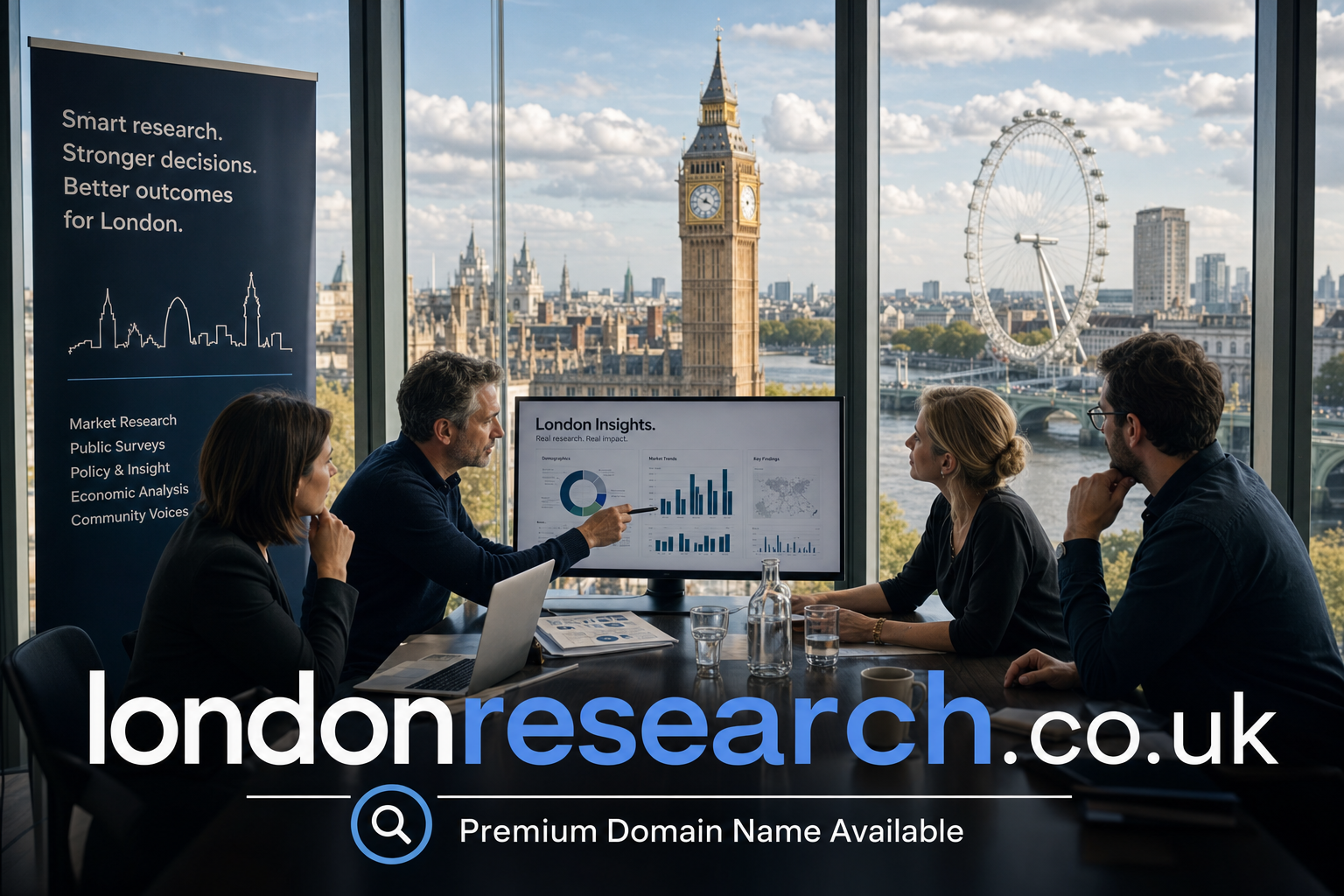 Four professionals sit around a conference table with laptops and documents, discussing data charts on a screen labeled "London Insights." Through large windows behind them are views of Big Ben, the London Eye, and the River Thames under a blue sky.