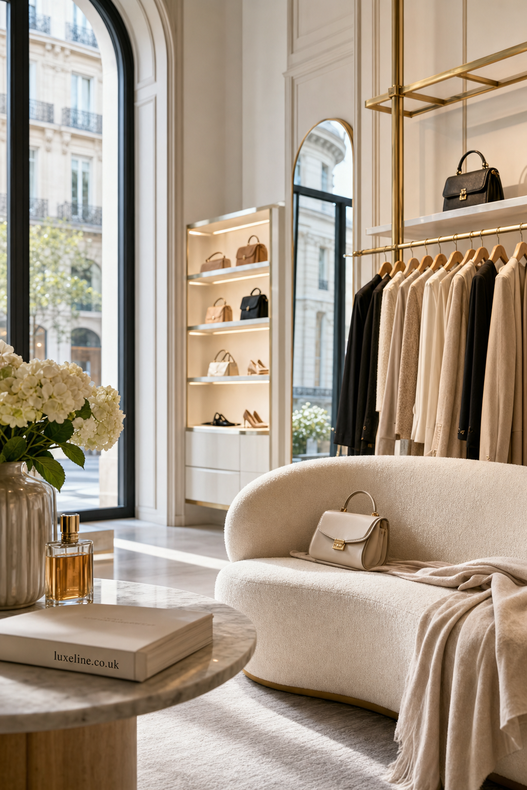 A boutique luxury fashion store interior with elegant cream-colored clothing on gold racks, designer handbags displayed on shelves, a curved white sofa with a beige handbag, and a marble coffee table adorned with a bouquet of white flowers, perfume, and a luxury branding book.