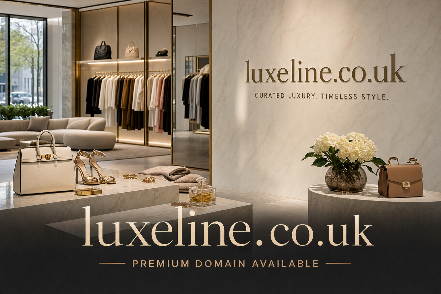 A luxurious retail space with marble displays featuring designer handbags, golden high-heeled shoes, jewelry, and a vase of white flowers, complemented by a clothing rack with elegant garments and a curved sofa near large windows.