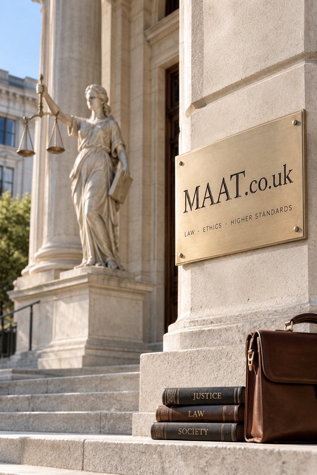 Sunlit courthouse entrance with classical columns, a Lady Justice statue, legal books and a leather briefcase beside a brass plaque displaying MAAT.co.uk.