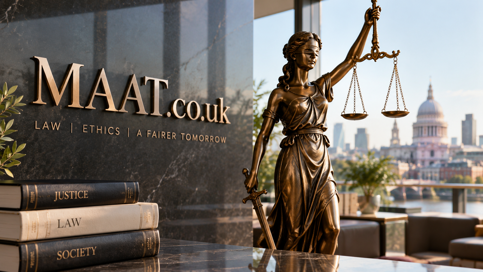 Bronze Lady Justice statue with scales in a bright, elegant legal office overlooking the London skyline, beside MAAT.co.uk wall signage and law books on a polished marble surface.