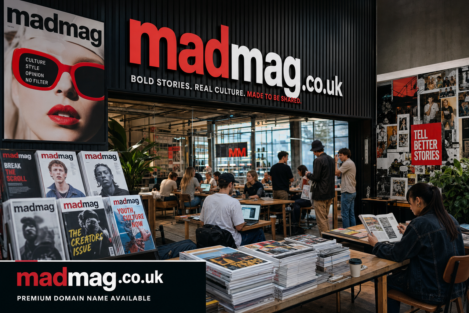 A busy magazine store features a large "madmag.co.uk" sign above the entrance with the tagline "Bold Stories. Real Culture. Made to be Shared." Inside, people work and read at tables, surrounded by stacks of magazines and a wall with a "Tell Better Stories" poster.
