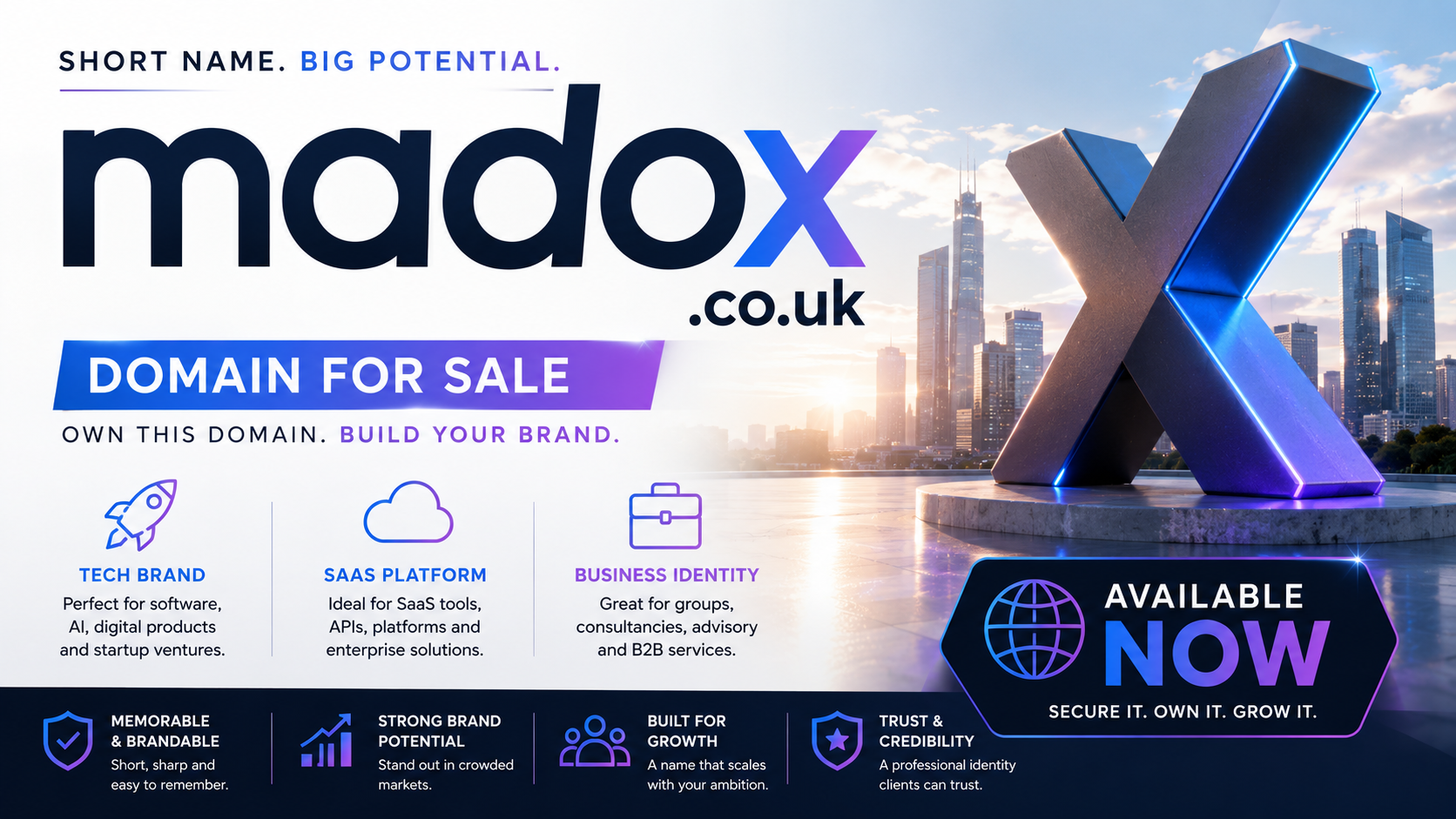 Modern tech-style banner featuring madox.co.uk with futuristic branding and SaaS-inspired visuals. Style: sleek and innovative.