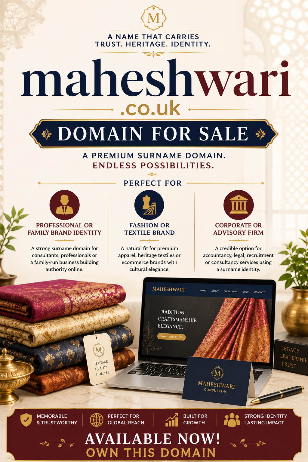 Promotional graphic for maheshwari.co.uk with luxury textiles, elegant typography and heritage branding. Style: refined modern.