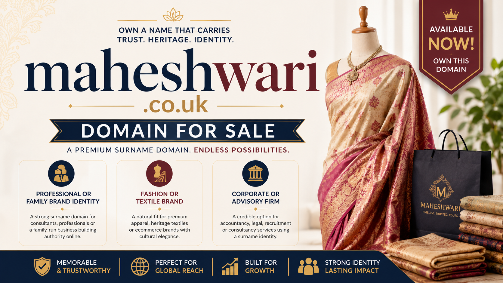 Promotional graphic for maheshwari.co.uk with luxury textiles, elegant typography and heritage branding. Style: refined modern.