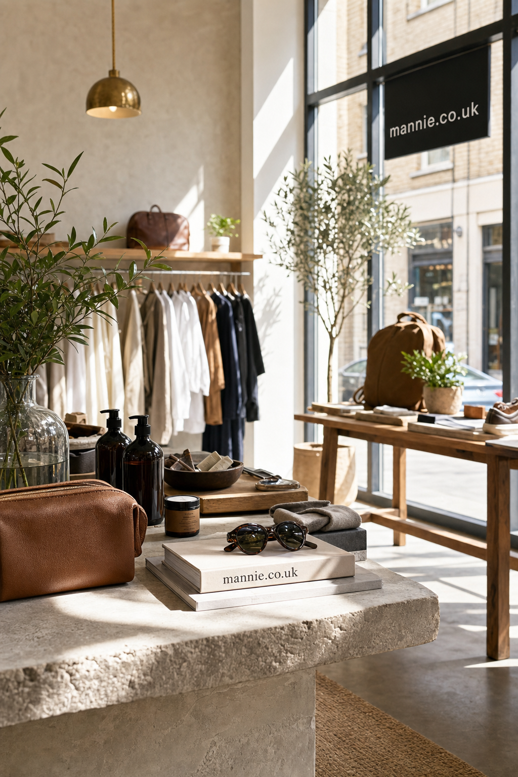 Brightly lit boutique interior featuring a stone display table with leather accessories, sunglasses on books, skincare items, potted plants, and a clothing rack with neutral-toned garments in the background.