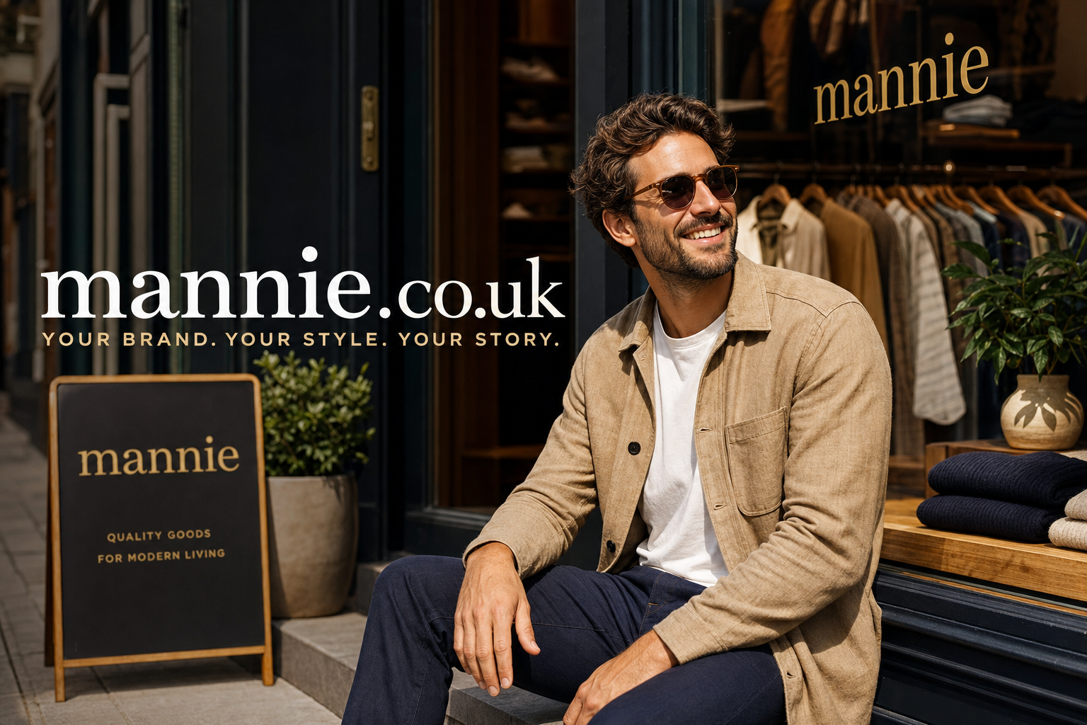 A smiling man with sunglasses sits on a doorstep outside a store with clothes hanging on racks behind him. A black sandwich board sign reads 'mannie QUALITY GOODS FOR MODERN LIVING.' The store name 'mannie' is visible on the window.