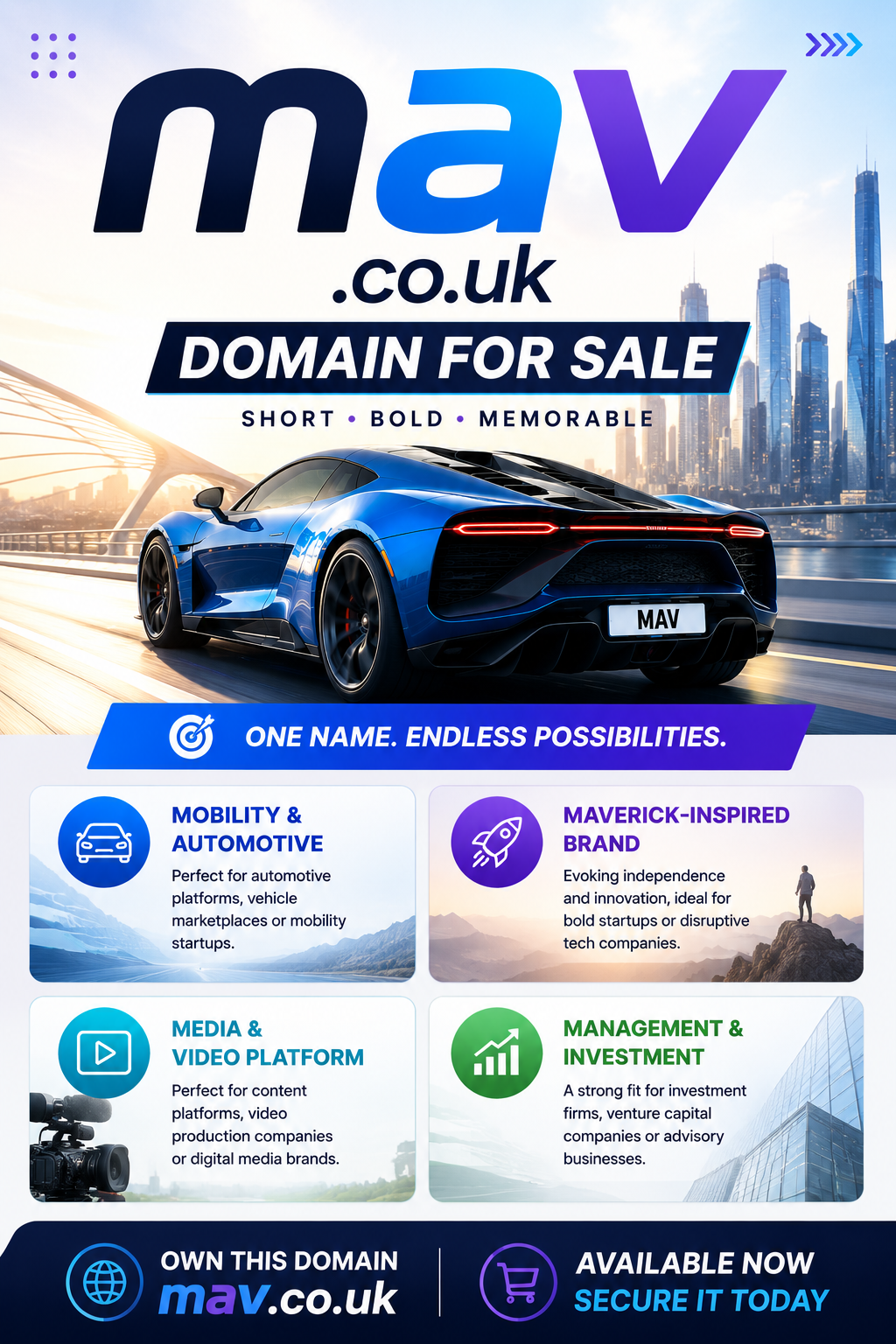 Promotional graphic featuring the domain mav.co.uk with a blue supercar, startup icons and bold modern branding. Style: sleek and futuristic.