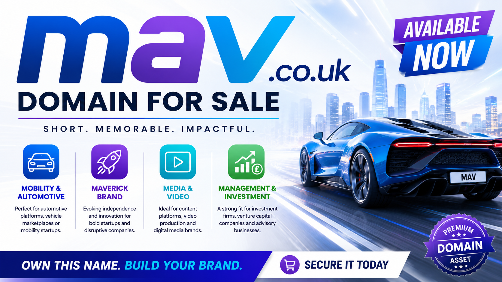 Promotional graphic featuring the domain mav.co.uk with a blue supercar, startup icons and bold modern branding. Style: sleek and futuristic.