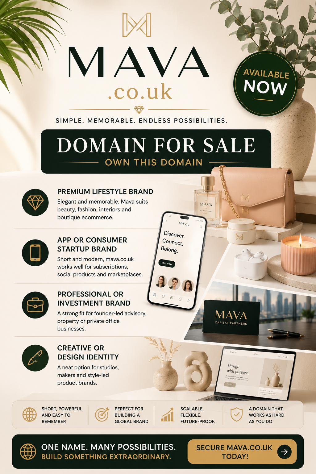 Promotional graphic featuring the domain MAVA.co.uk with luxury lifestyle, fashion and startup visuals. Style: bright modern premium.