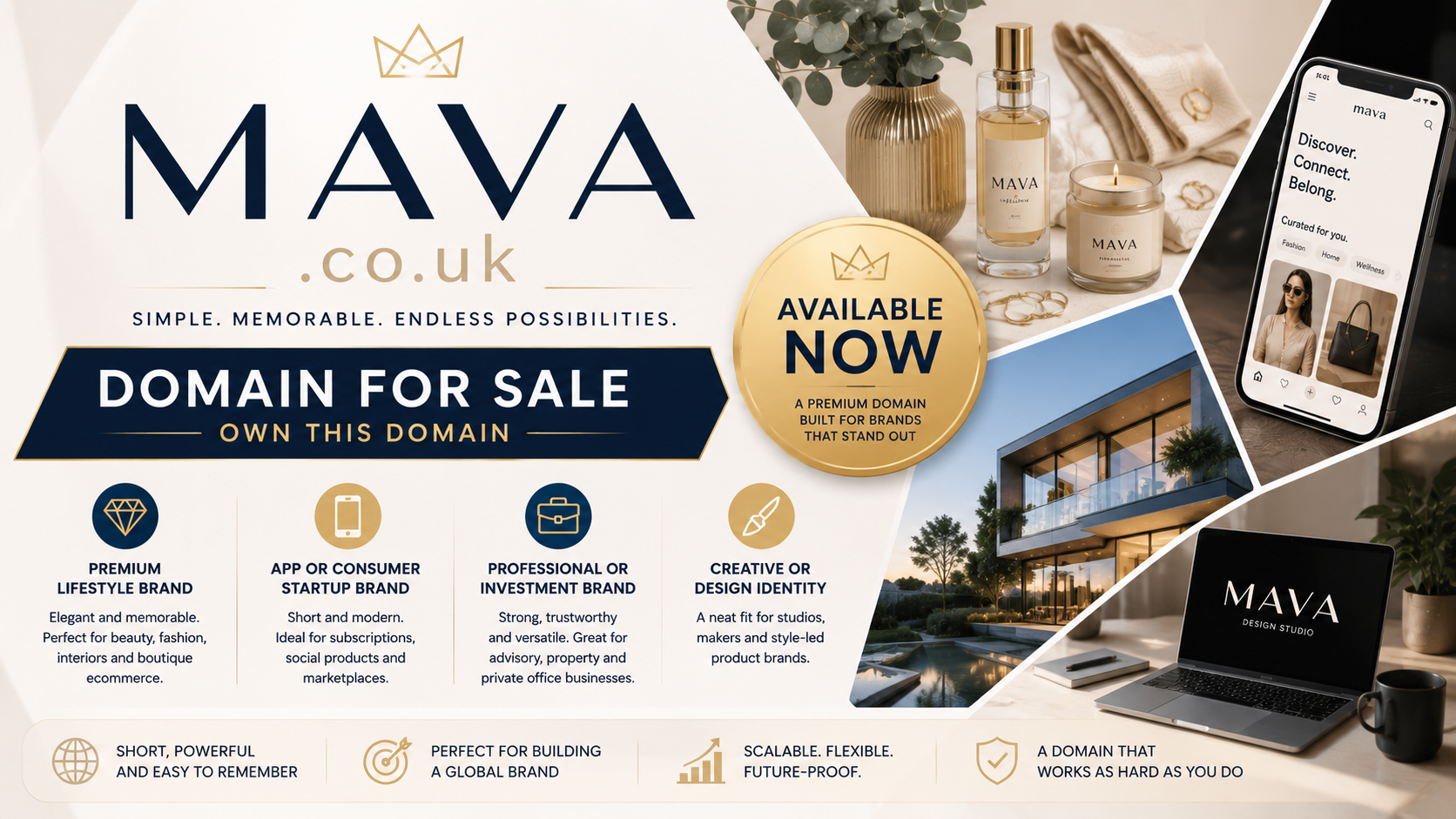 Promotional graphic featuring the domain MAVA.co.uk with luxury lifestyle, fashion and startup visuals. Style: bright modern premium.