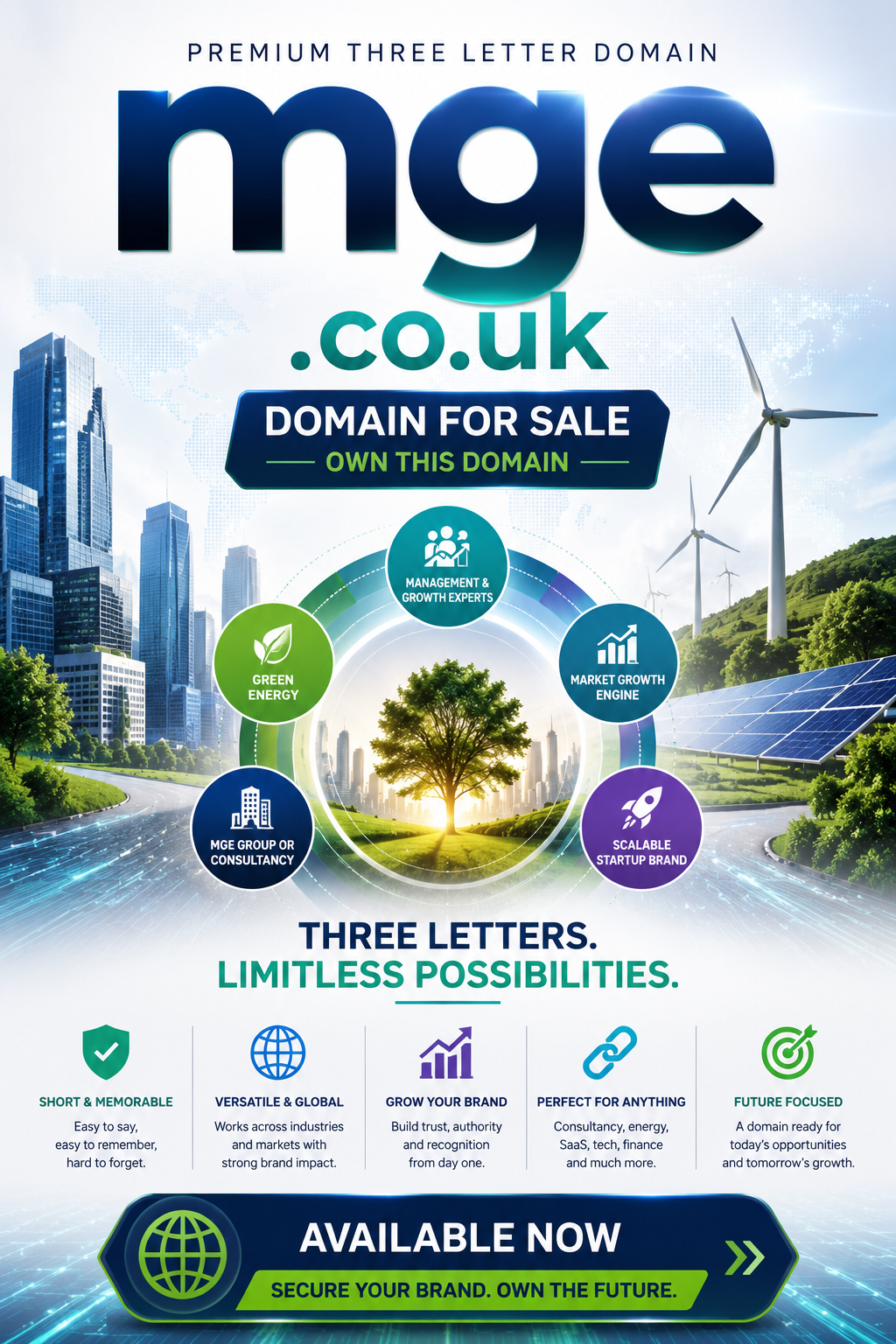 Promotional graphic featuring the domain mge.co.uk with green energy ring, city skyline and startup icons. Style: modern.
