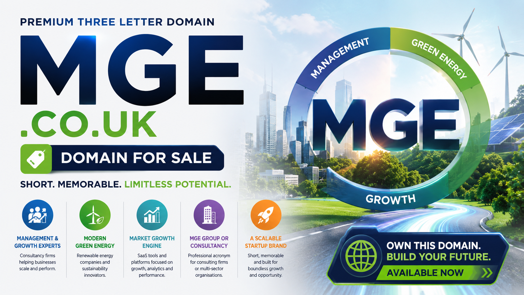 Promotional graphic featuring the domain mge.co.uk with green energy ring, city skyline and startup icons. Style: modern.