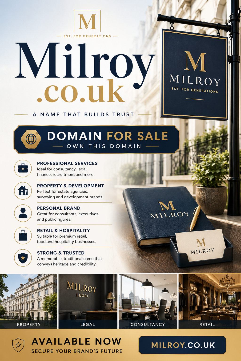 Promotional graphic featuring the domain Milroy.co.uk with heritage branding, luxury signage and premium business visuals. Style: elegant and professional.
