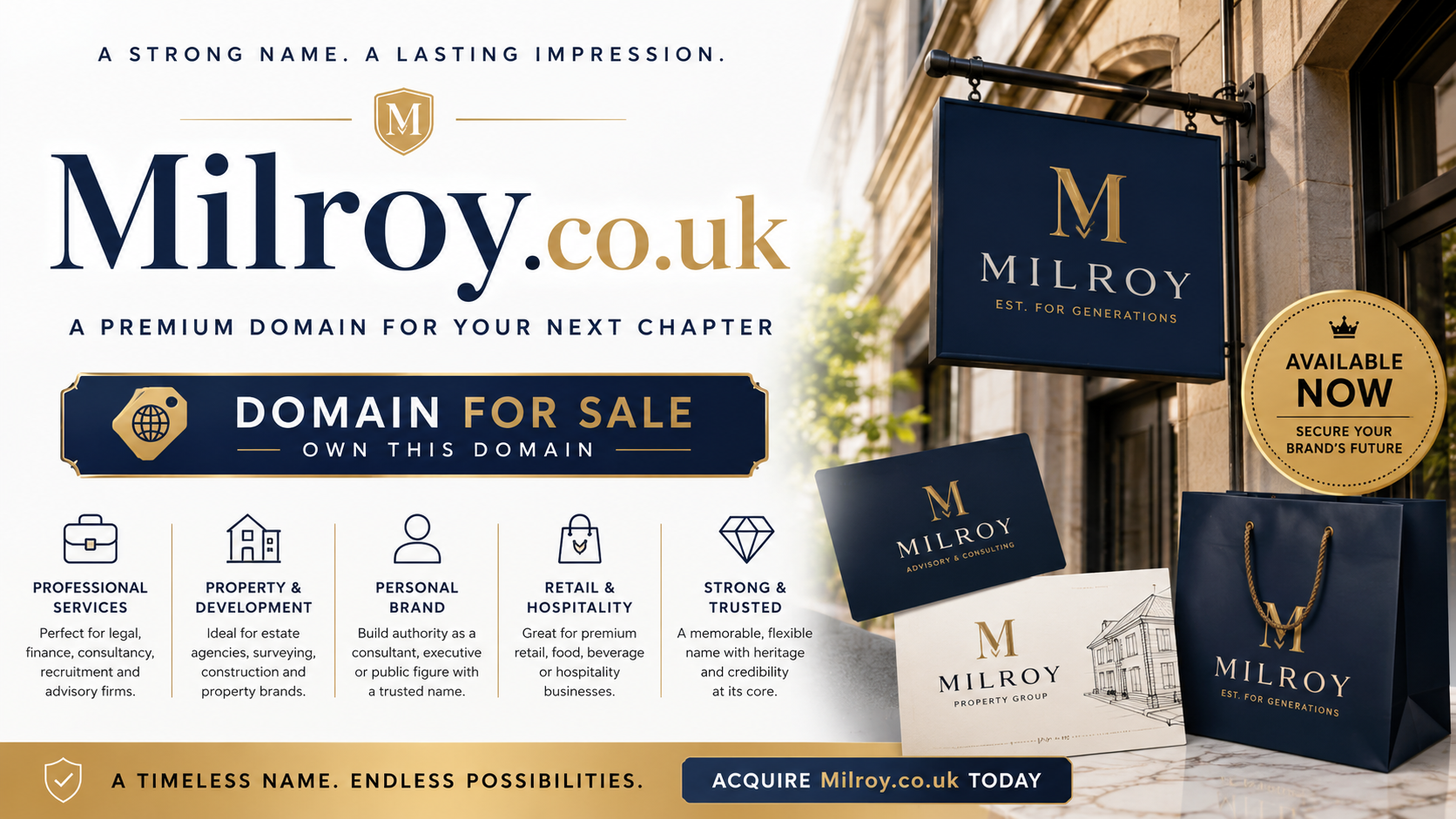 Promotional graphic featuring the domain Milroy.co.uk with heritage branding, luxury signage and premium business visuals. Style: elegant and professional.