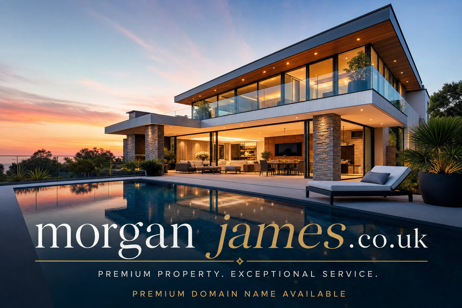 A modern two-story house with large windows and outdoor lighting sits beside a calm swimming pool at sunset. The sky is a gradient of blues and warm orange hues. Text over the image reads 'morgan james.co.uk, Premium Property. Exceptional Service. Premium Domain Name Available.'