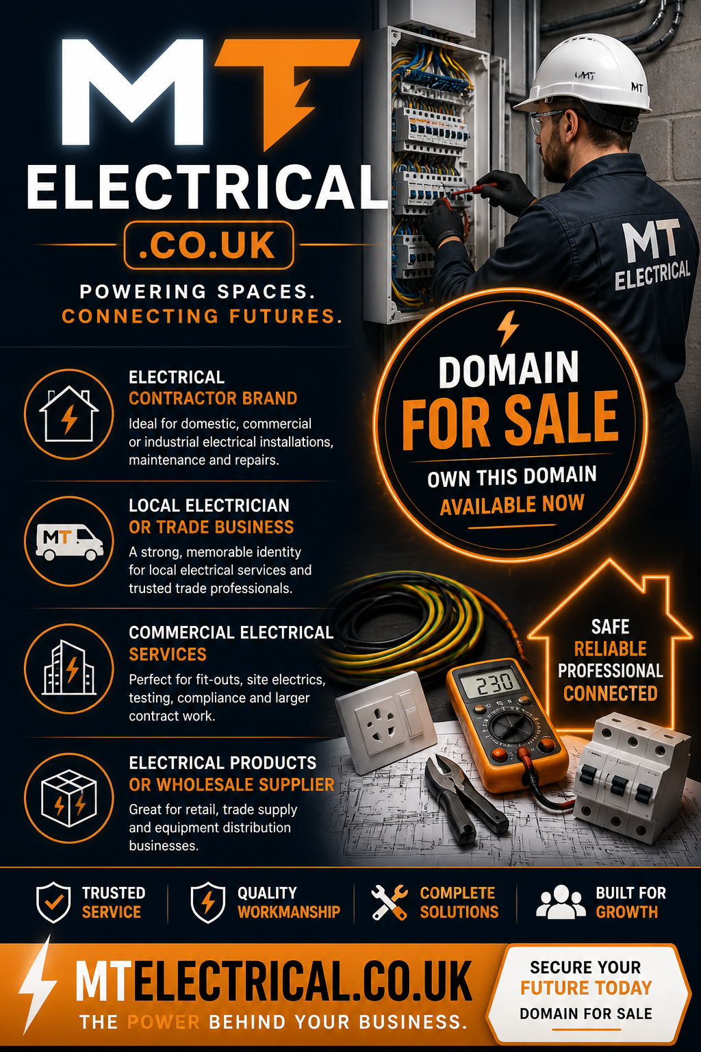 Promotional graphic featuring the domain mtelectrical.co.uk, shown with electrician and tools. Style: bold professional trade.