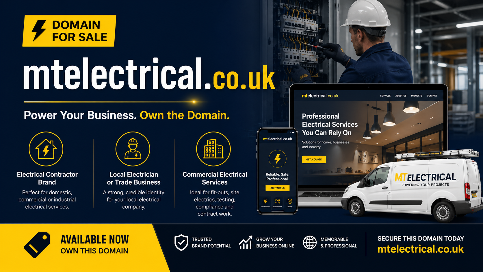Promotional graphic featuring the domain mtelectrical.co.uk, shown with electrician photos and device mockups. Style: modern trade advert.