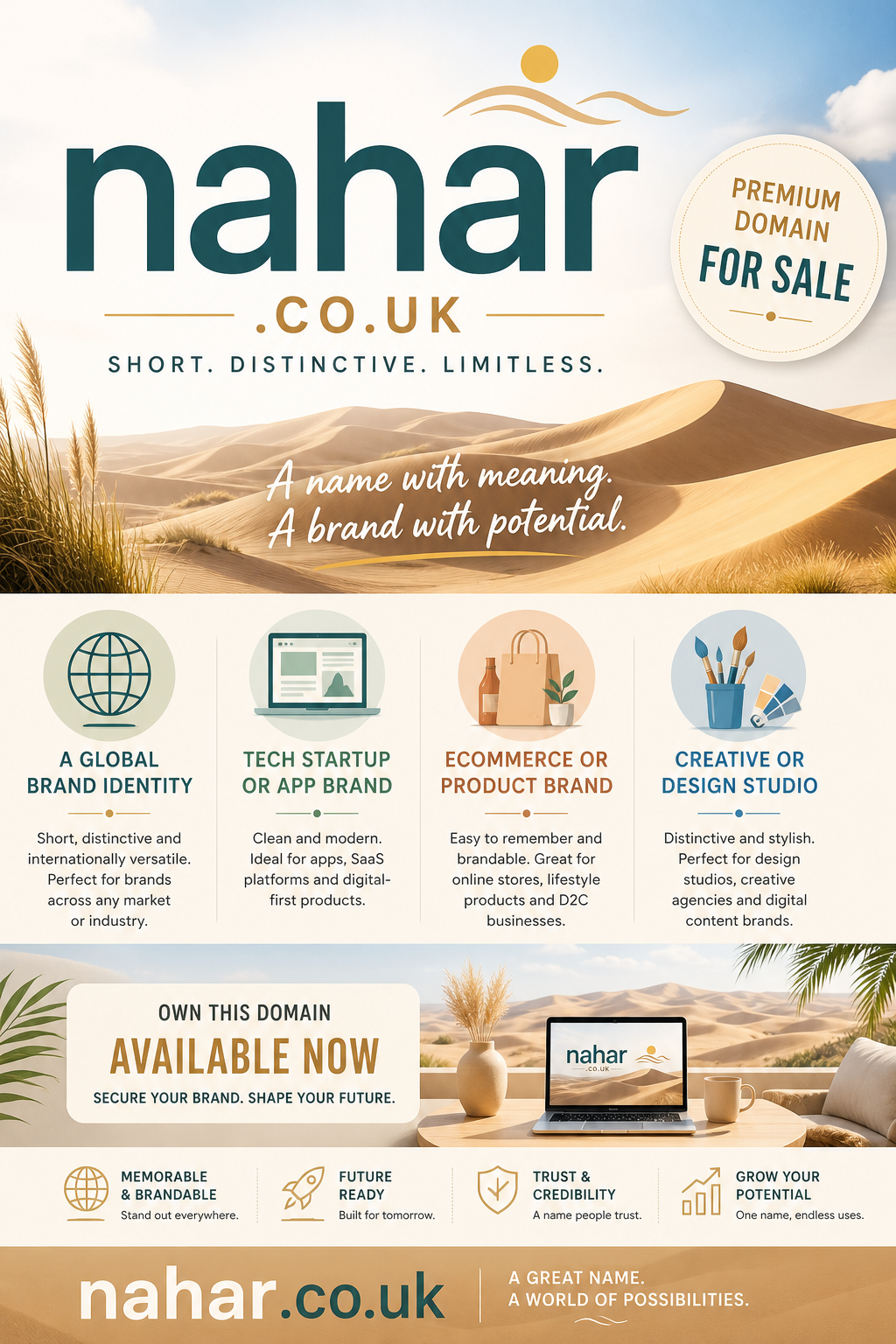 Promotional graphic featuring the domain nahar.co.uk, shown with sand dunes and sun icon. Style: bright clean modern.