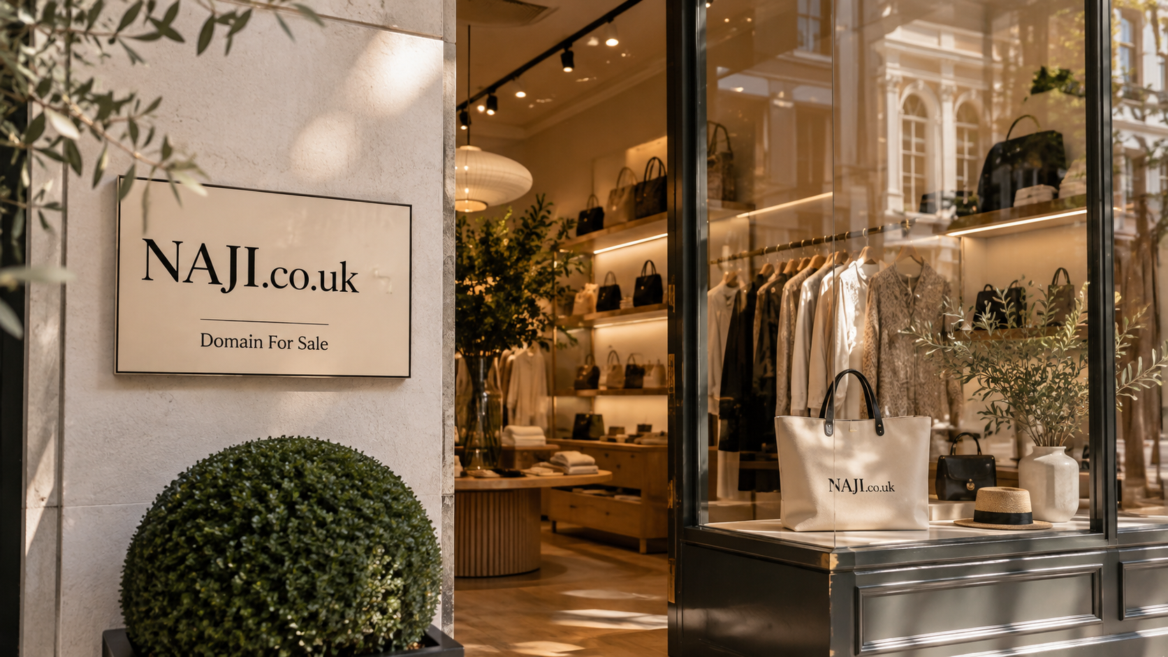 Sunlit boutique storefront with elegant neutral fashion, handbags and accessories on display, featuring NAJI.co.uk signage and a refined, contemporary retail interior.