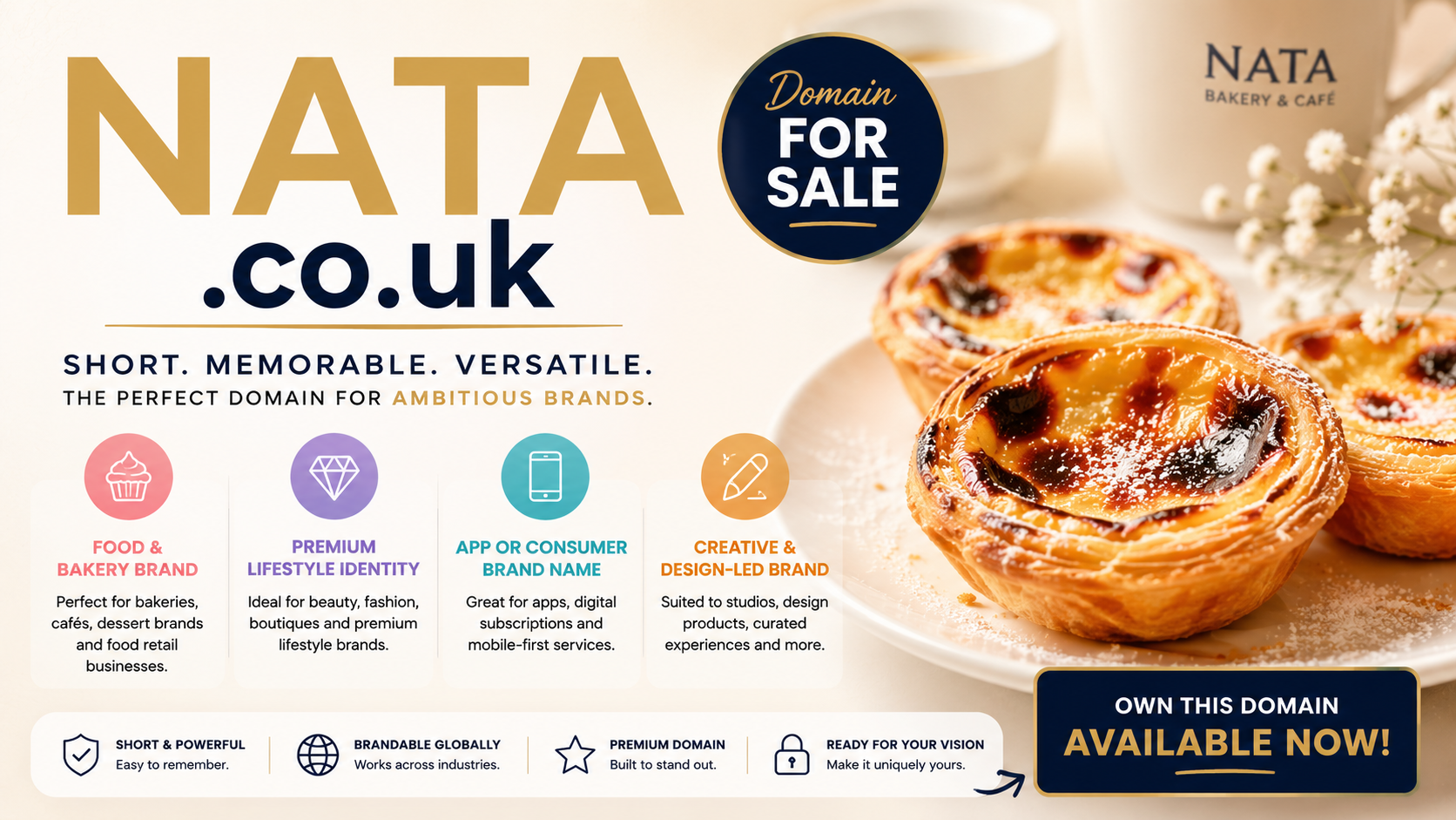 Promotional graphic featuring the domain NATA.co.uk with luxury pastry imagery and sale messaging. Style: elegant modern lifestyle branding.