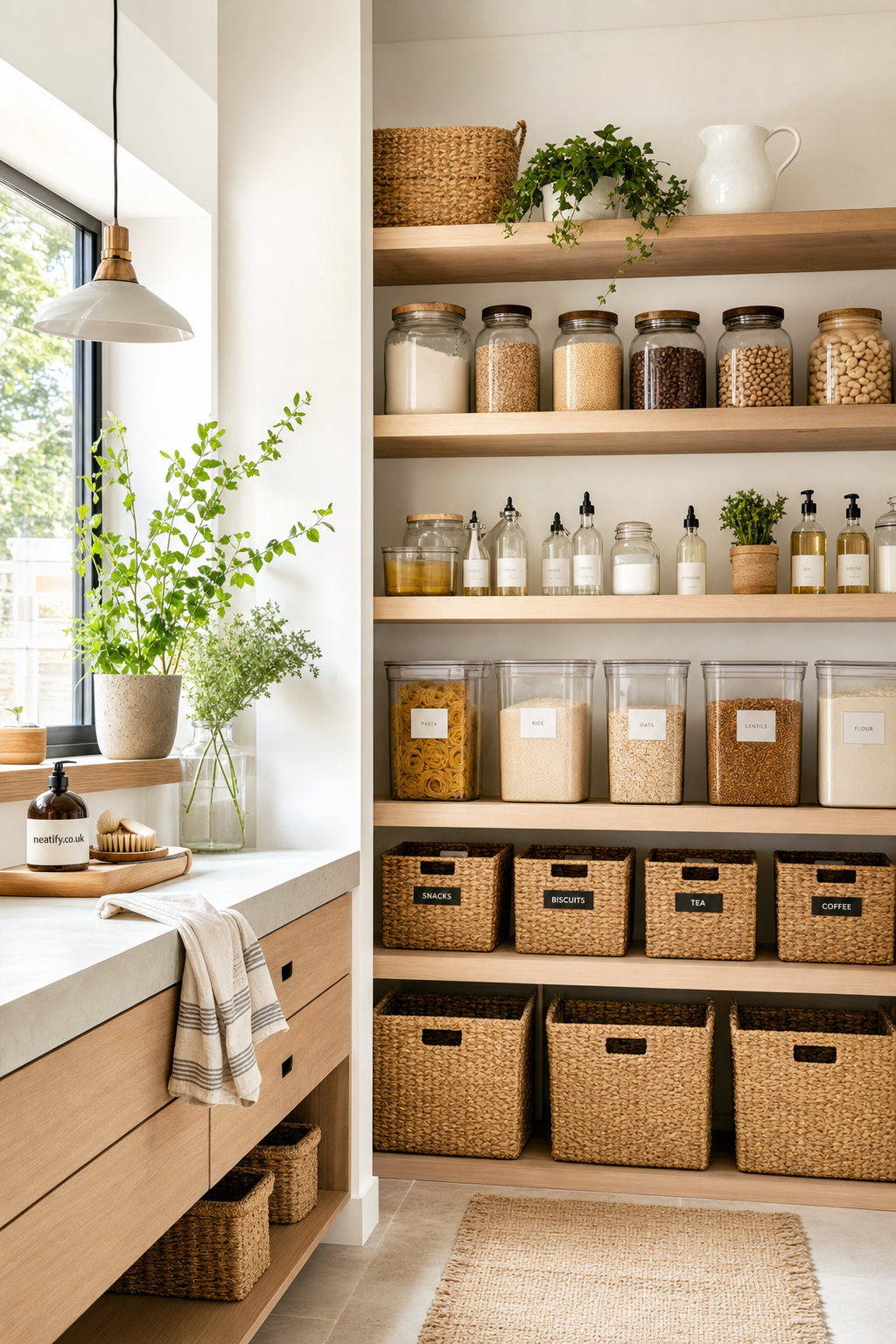 A well-organized kitchen pantry with wooden shelves holding clear, labeled containers of food items and woven baskets nicely arranged, next to a countertop with green plants and a soap dispenser.