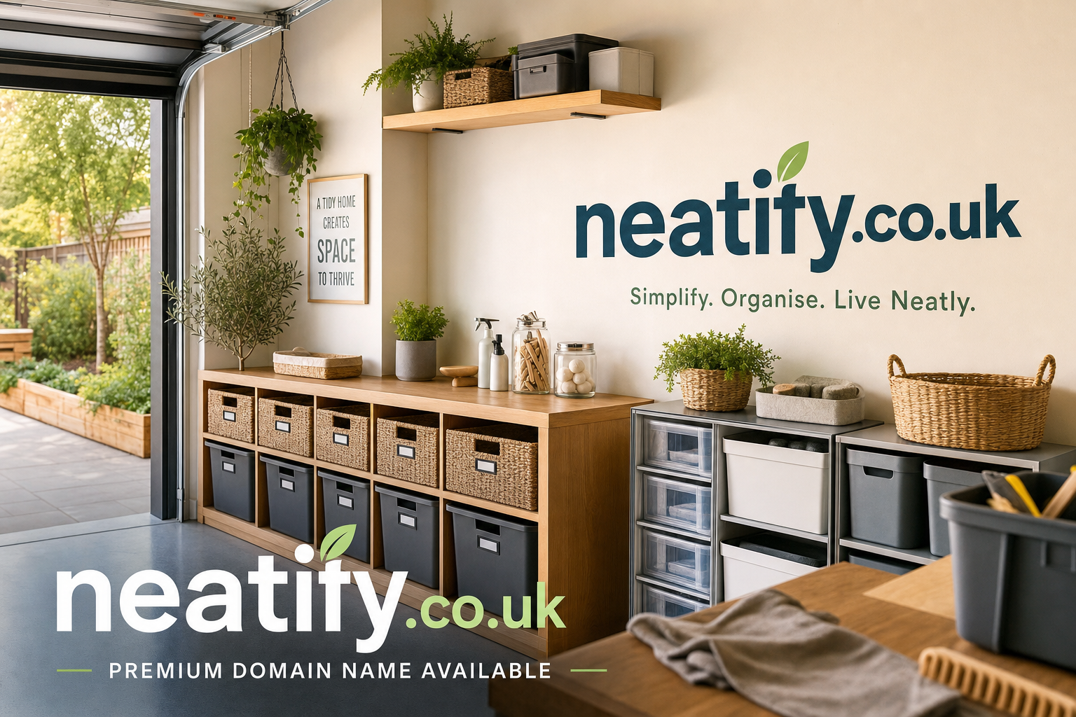 A neatly organized indoor space with wooden shelves holding woven baskets and grey storage bins, surrounded by potted plants and a framed sign reading 'A tidy home creates space to thrive', with an open view to a green garden outside.