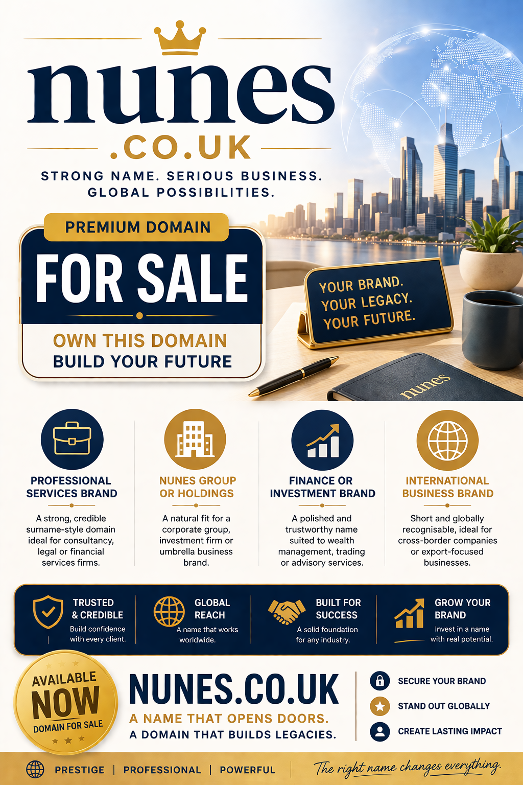 Promotional graphic featuring the domain nunes.co.uk, shown with city skyline and office desk. Style: bright corporate.