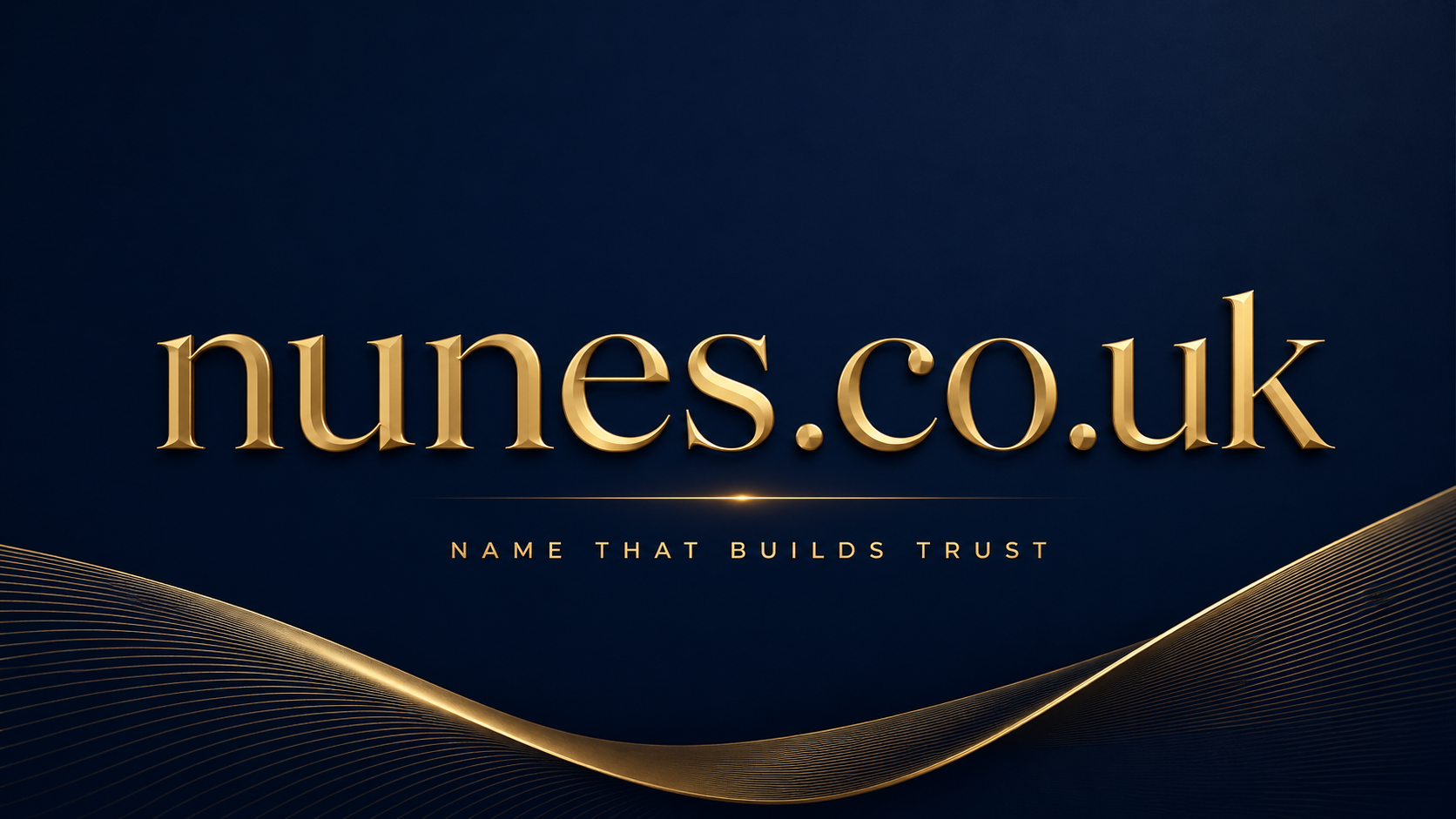 Promo banner featuring the domain nunes.co.uk with gold gradient text and subtle wave motif, in a clean premium corporate style.