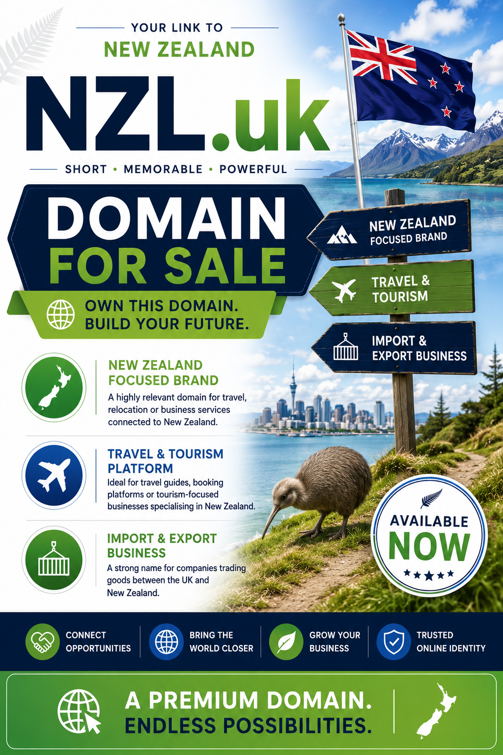 Promotional graphic featuring the domain NZL.uk, shown with New Zealand landscapes and travel imagery. Style: vibrant, modern and aspirational.