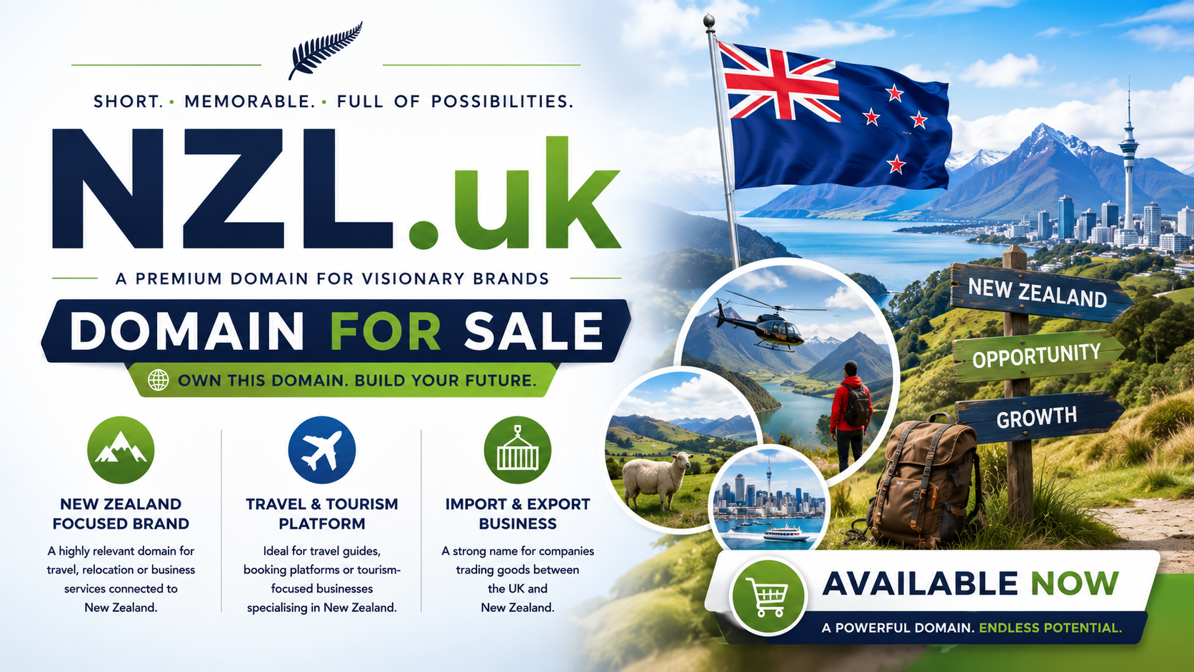Promotional graphic featuring the domain NZL.uk, shown with New Zealand landscapes and travel imagery. Style: vibrant, modern and aspirational.