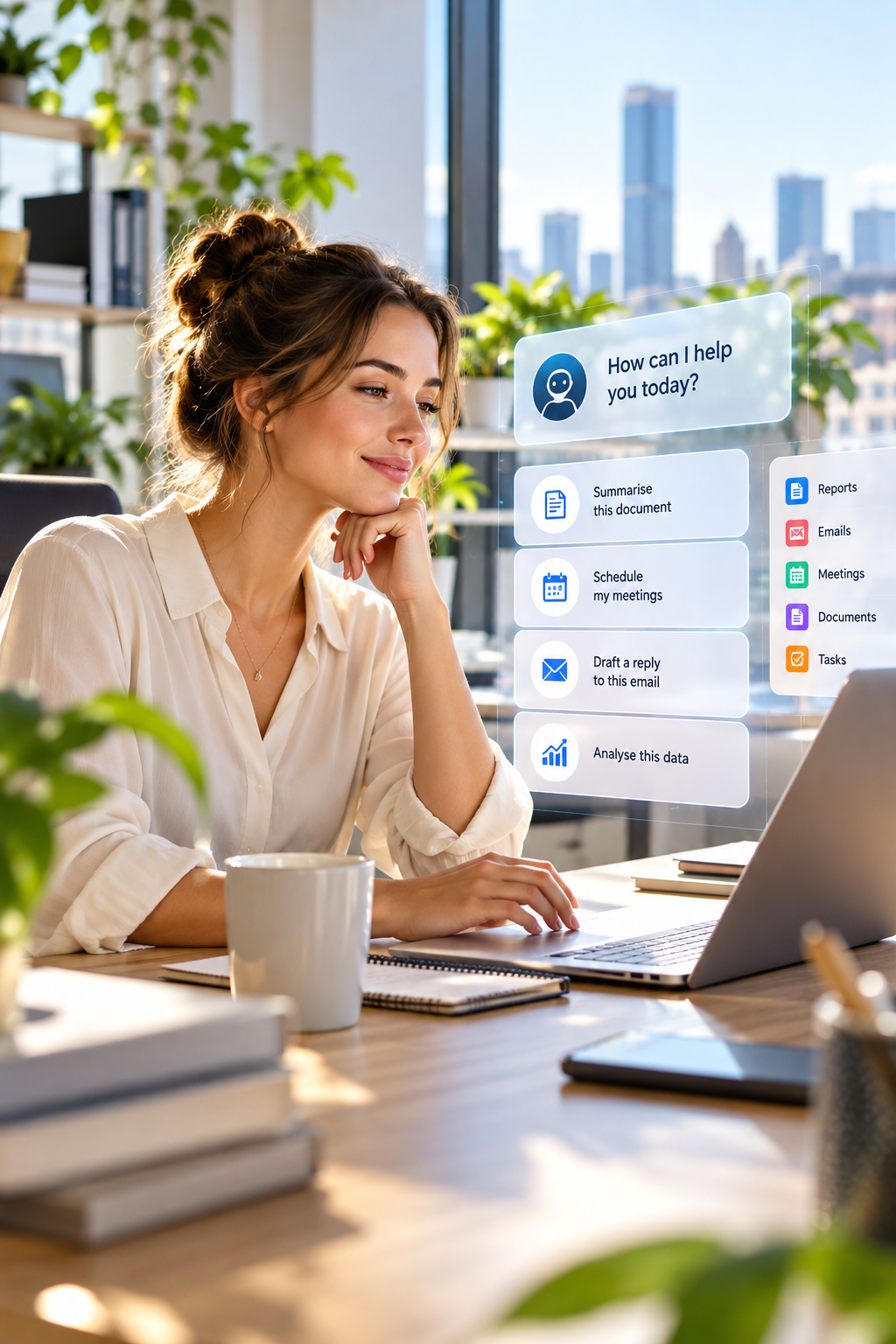 Office professional using an AI workplace assistant to summarise documents, schedule meetings, draft emails and analyse data in a bright contemporary office.