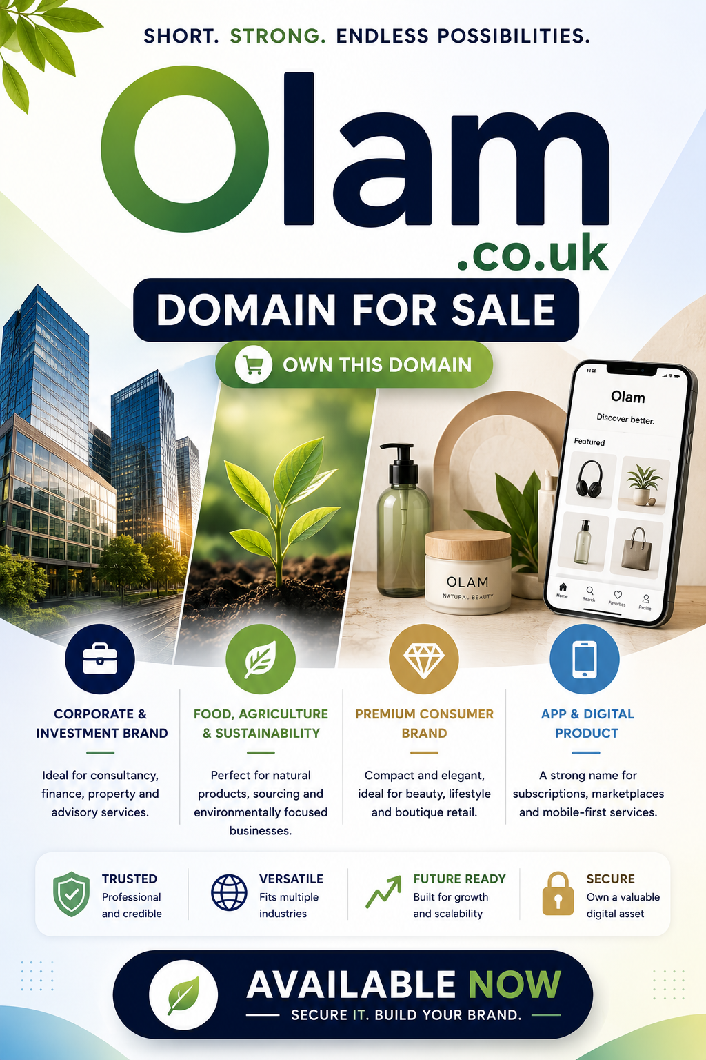 Promotional graphic featuring the domain Olam.co.uk with corporate, sustainability and app branding visuals. Style: clean modern business design.
