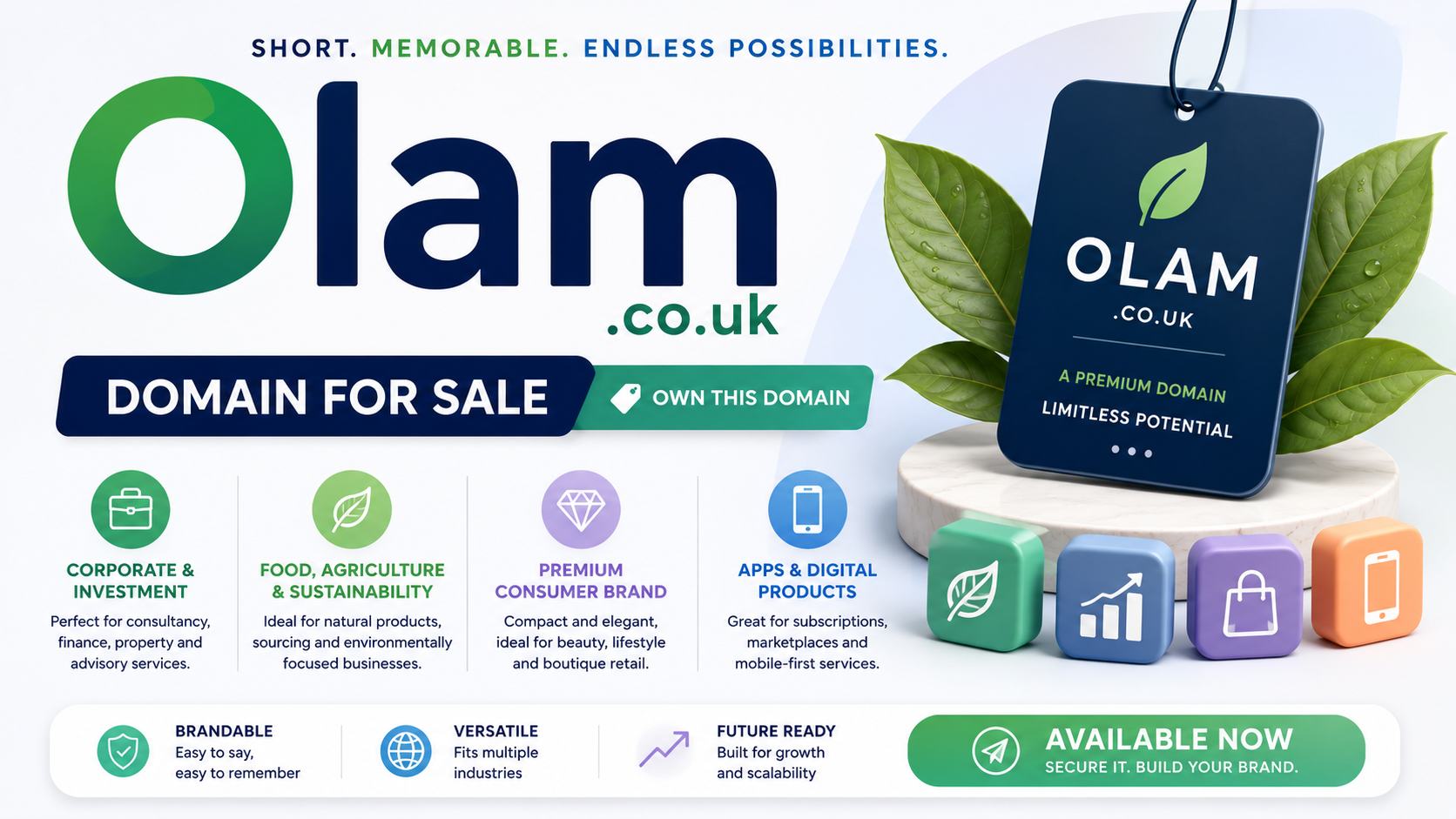 Promotional graphic featuring the domain Olam.co.uk with corporate, sustainability and app branding visuals. Style: clean modern business design.